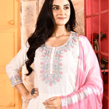 Ivory Neck Embroidered A-Line Kurta And Palazzo With Pink Dupatta