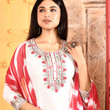 Ivory Neck Embroidered Kurta And Palazzo With Red Dupatta