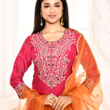 Pink Embroidered Straight Kurta And Palazzo With Orange Scalping Dupatta