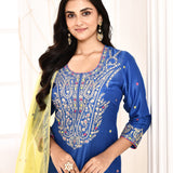 Blue Embroidered Straight Kurta And Palazzo With Yellow Scalping Dupatta