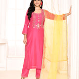 Rani Pink Embroidered Straight Kurta And Palazzo With Yellow Scalping Dupatta