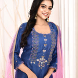 Dark Blue Embroidered Straight Kurta And Palazzo With Pink Scalping Dupatta
