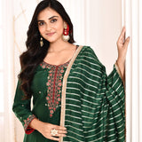 Dark Green Embroidered Straight Kurta And Palazzo With Dark Green Scalping Dupatta
