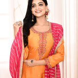 Orange Embroidered Straight Kurta And Palazzo With Pink Scalping Dupatta