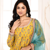 Golden Yellow Block Printed Anarkali And Churidar With Aqua Lace Finish Dupatta