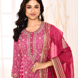 Magenta Hand Embroidery With Block Printed A-Line Kurta And Palazzo
