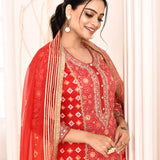 Red Hand Embroidery With Block Printed A-Line Kurta And Palazzo