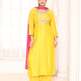 Yellow Hand Embroidery With Block Printed Straight Kurta And Palazzo