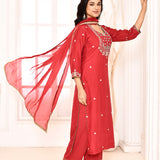 Red Hand Embroidery With Block Printed Straight Kurta And Palazzo