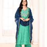 Green Hand Embroidered Straight Kurta And Palazzo With Navy Blue Dupatta