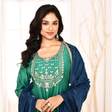 Dark Green Hand Embroidered Straight Kurta And Palazzo With Navy Blue Dupatta
