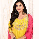 Yellow Hand Embroidered Straight Kurta And Palazzo With Pink Dupatta