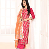 Rani Pink Straight Kurta And Palazzo With Dupatta Set