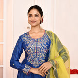 Blue Embroidery Neck Anarkali And Gottalace Finish Flair Palazzo Set
