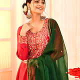Red Embroidery Neck Anarkali And Gottalace Finish Flair Palazzo Set