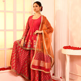 Rani Pink Block Print With Embroidery Outing Kurta And Sharara Set