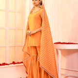 Orange Hand Embroidered Cotton Silk Kurta And Gharara Set