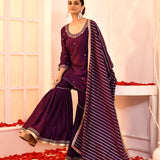 Purple Hand Embroidered Cotton Silk Kurta And Gharara Set