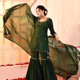 Green Hand Embroidered Cotton Silk Kurta And Gharara Set