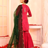Red Embroidered Cotton Silk Kurta And Gharara Set With Contrast Dupatta