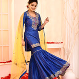 Blue Embroidered Cotton Silk Kurta And Gharara Set With Contrast Dupatta