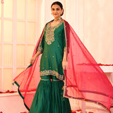 Green Hand Embroidered Cotton Silk Kurta And Gharara Set With Contrast Dupatta