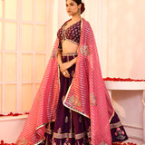 Purple Hand Embroidered Blouse And Foil Printed Lehenga Set