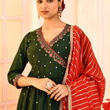 Green Hand Embroidered Kurta And Palazzo Set