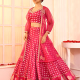 Magenta Block Printed With Neck Dori Embroidered Blouse And Foil Printed Lehenga Set