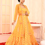 Yellow Block Printed With Neck Dori Embroidered Blouse And Foil Printed Lehenga Set