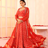 Red Block Printed With Neck Dori Embroidered Blouse And Foil Printed Lehenga Set
