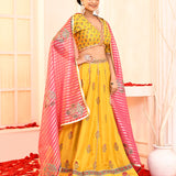 Yellow Hand Embroidered Blouse And Foil Printed Lehenga Set