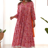 Pink Floral Anarkali Set With Orange Pant And Dupatta