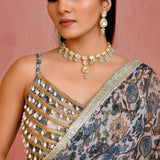 Beige Blue Georgette Readymade Saree With Floral Prints