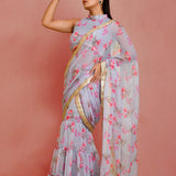 Grey Chiffon Ready-Made Saree With Floral Prints