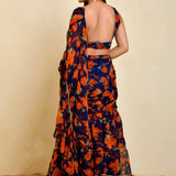 Midnight Blue Ready-Made Saree With Ruffles