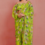 Green Georgette Ready-Made Saree With Floral Prints