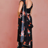 Black Georgette Ready-Made Saree With Floral Prints