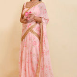 Pastel Pink Georgette Ready-Made Saree With Floral Prints