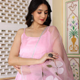Baby Pink Satin Silk Anarkali Set With Floral Prints