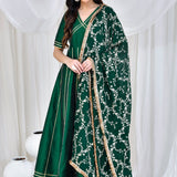 Bottle Green Silk Anarkali Set With Embroidered Dupatta
