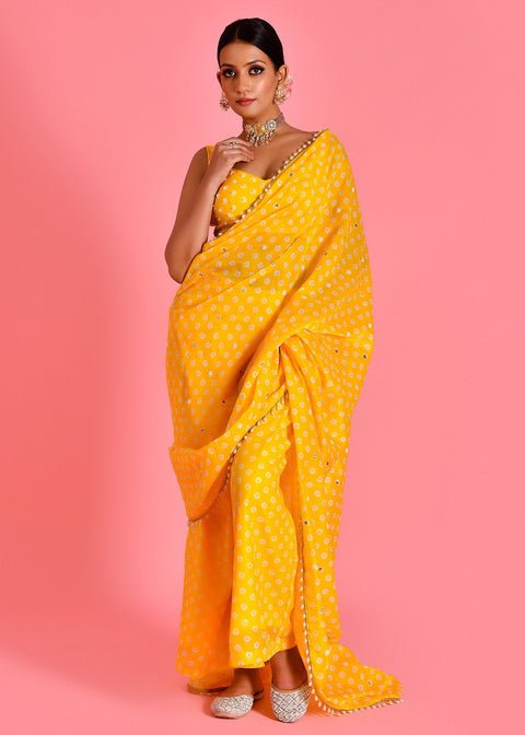 <img> Yellow Chanderi Fusion Saree With Hand Embroidery