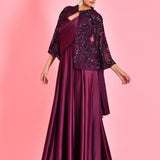 Wine Satin Draped Saree Gown With Embroidery Cape