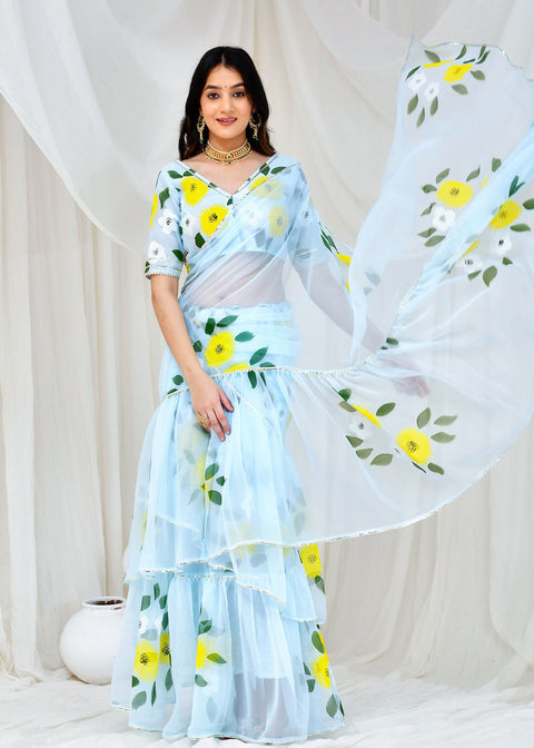 <img> Light Blue Georgette Fusion Saree