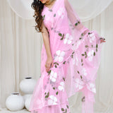 Pink Gown Organza Fusion Sarees With Hand Painted