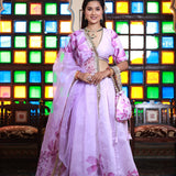 Lavender Chanderi Lehenga Set With Floral Printed