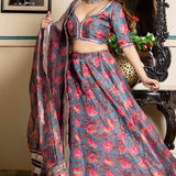 Dark Grey Chanderi Lehenga Set With Floral Printed