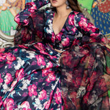 Black Satin Lehenga Set With Floral Prints