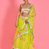 Light Lime Green Cotton Lehenga Set With Organza Dupatta