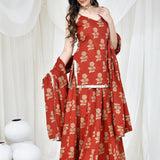 Maroon Cotton Kurta And Skirt Set With Floral Prints